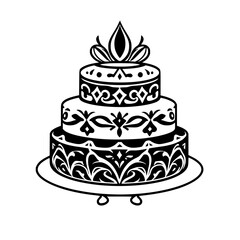 Ornate Black and White Wedding Cake Illustration Featuring a Three-Tier Design, Detailed and Delicate.