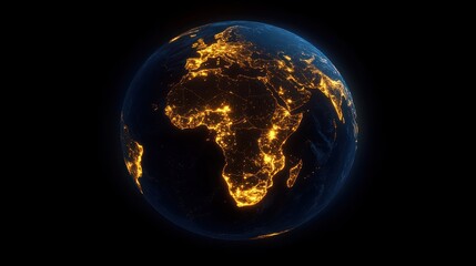 Night Earth, Africa glowing, dark space, global view, data visualization