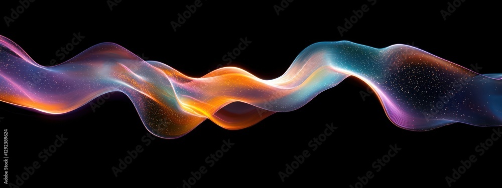 Poster futuristic abstract wave with iridescent gradient glossy light flowing in a deep black background