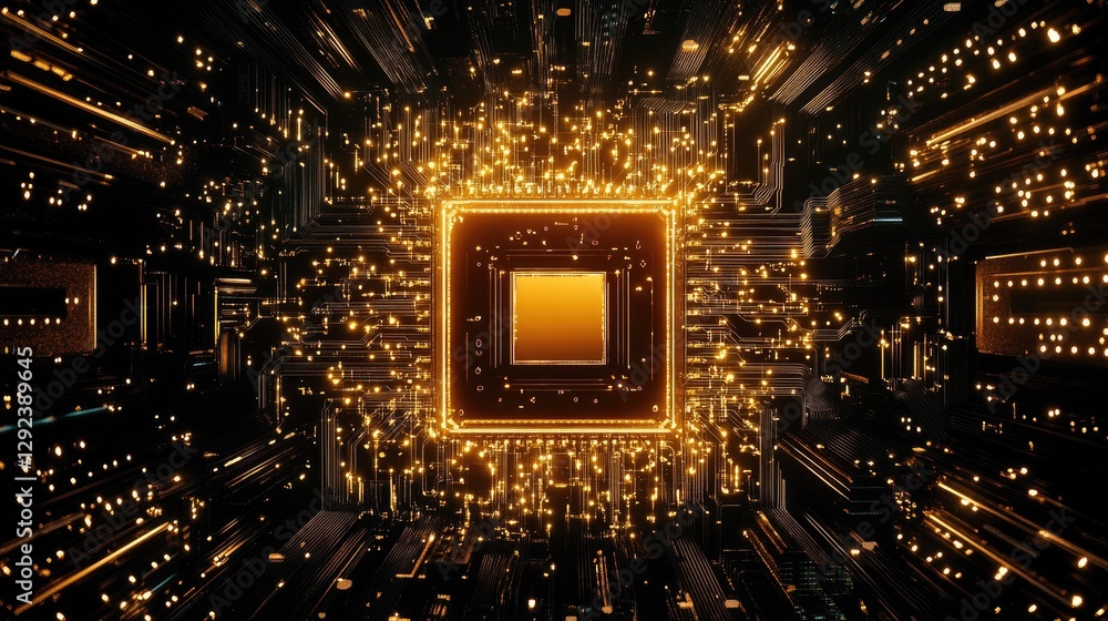 Poster golden superconducting quantum computer structure against a bold black-and-gold gradient background.
