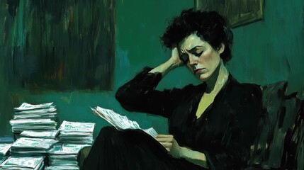 Contemplative Woman Reading Document Surrounded by Stacked Papers in a Dimly Lit Room, Reflecting a Mood of Focused Introspection and Possible Concern