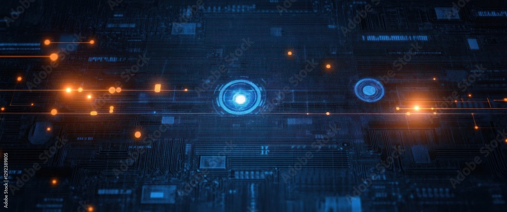 Poster futuristic technology background with abstract geometric shapes and glowing circuits in deep blue