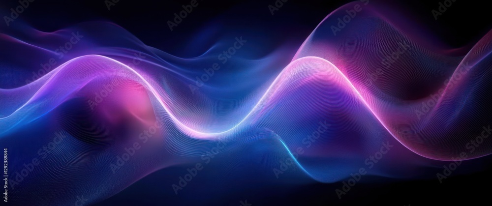 Poster dynamic abstract wave form light particle pattern in vibrant blue and purple on dark background