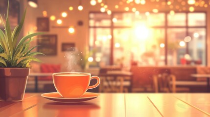 Fototapeta premium Cozy Morning in a Café with Warm Cup of Coffee and Bright Sunlight Streaming Through Windows, Creating an Inviting Atmosphere for Relaxation and Enjoyment