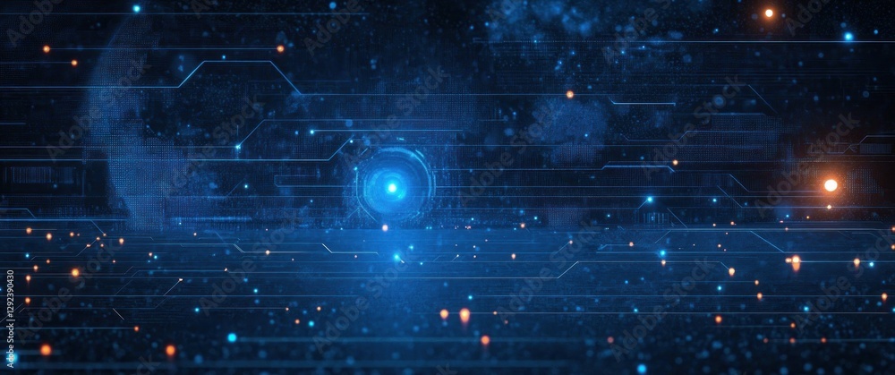 Poster futuristic technology abstract circuit board digital design in deep blue with geometric shapes and g