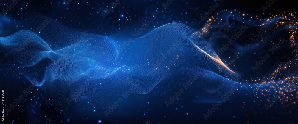 Poster futuristic digital abstract art vivid blue soft glowing lights wave patterns interconnected nodes te