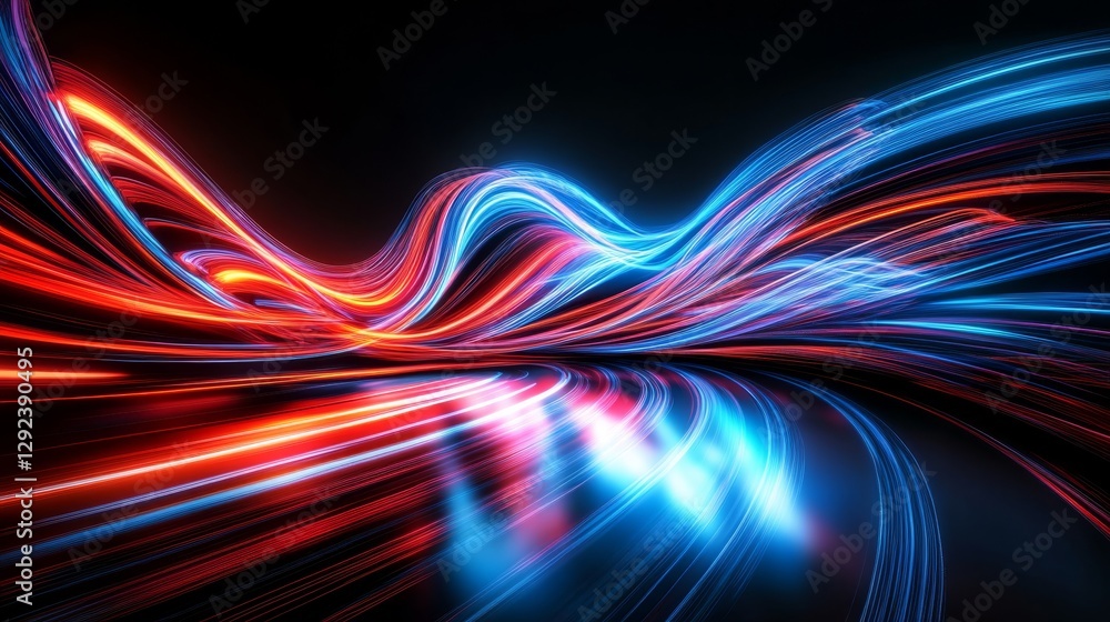 Poster vibrant blue and deep red light trails flow elegantly across a stark black backdrop, creating an ene