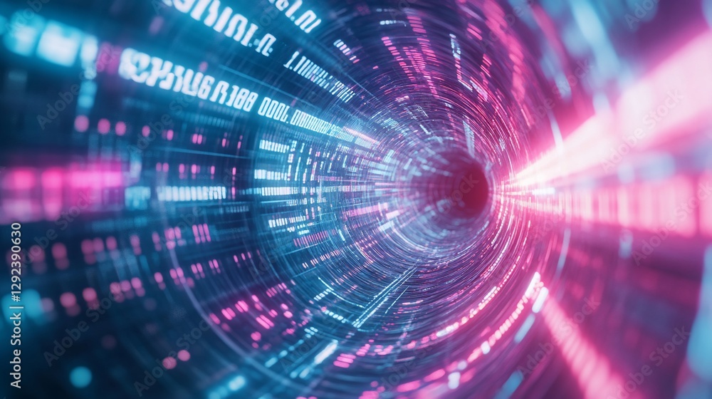Poster abstract digital tunnel with glowing data streams and neon light effects creating a sense of speed a