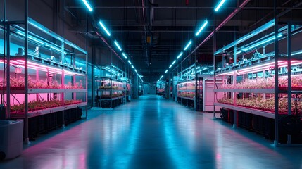 Fototapeta premium Underground hydroponic farming a futuristic neon technology concept
