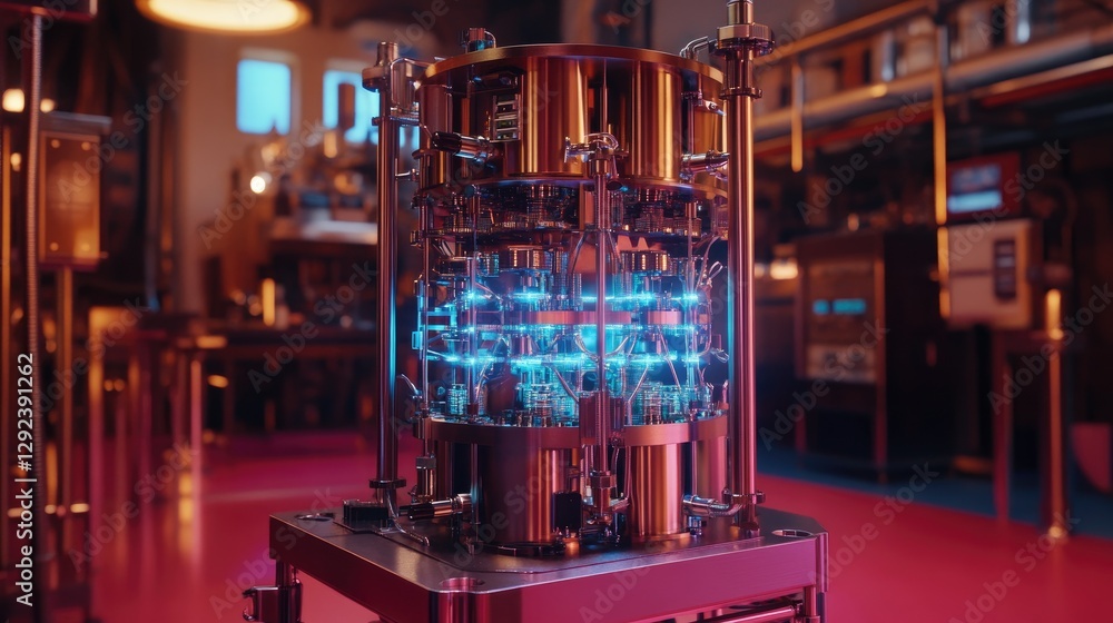 Poster high-speed quantum computing core floating on a neon red background, showcasing high-tech innovation