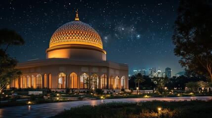 Obraz premium Night Mosque, City Skyline, Starry Sky, Peaceful Garden