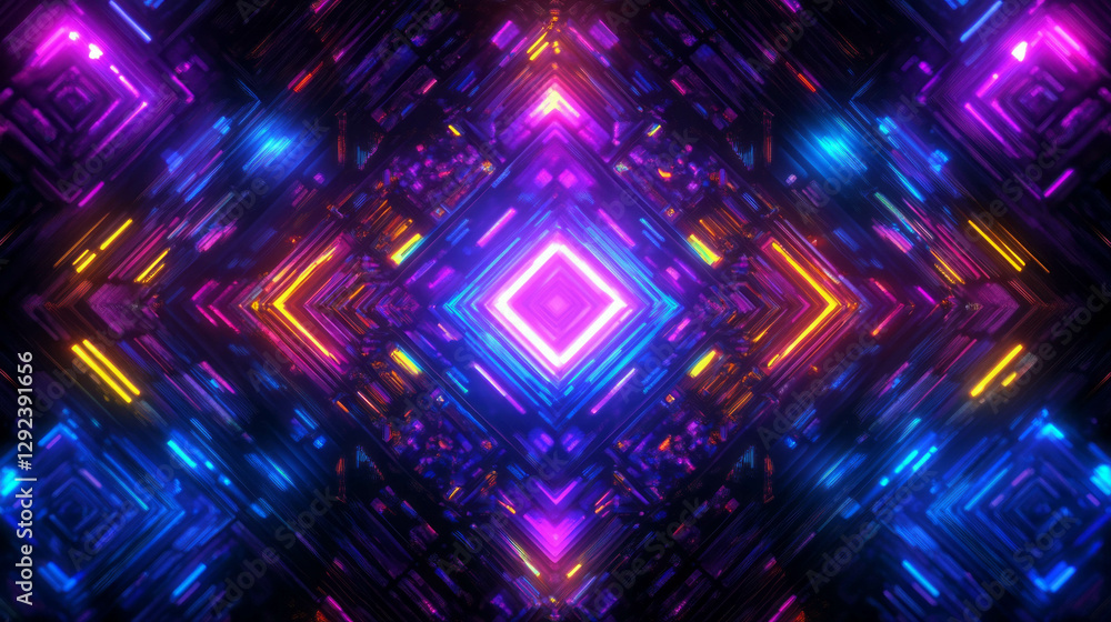 Poster vibrant geometric pixel art background with neon patterns for digital projects