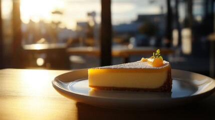 Deliciously Creamy Cheesecake on Plate with Vibrant Sunset in Background, Showcasing Perfect Dessert Experience in Cozy Cafe Atmosphere
