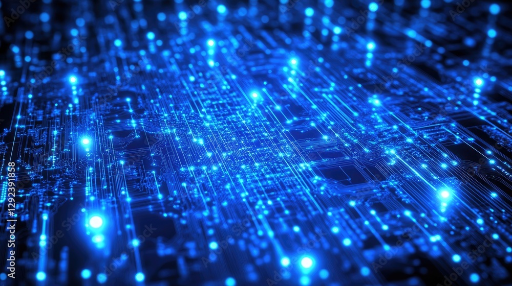 Poster high-tech visualization of a brain-computer interface with glowing signals connecting the two.