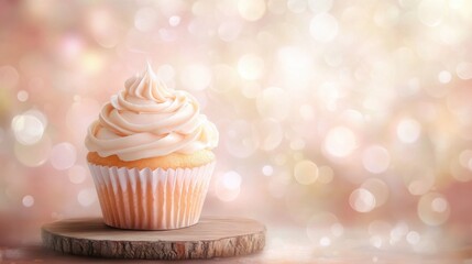 Deliciously Frosted Vanilla Cupcake with Creamy Swirl Topping on a Natural Wooden Slice with a Dreamy Bokeh Background