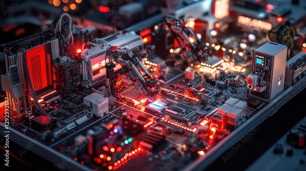Poster highly synchronized robotic arms assembling intricate circuit boards in a sterile, glowing environme