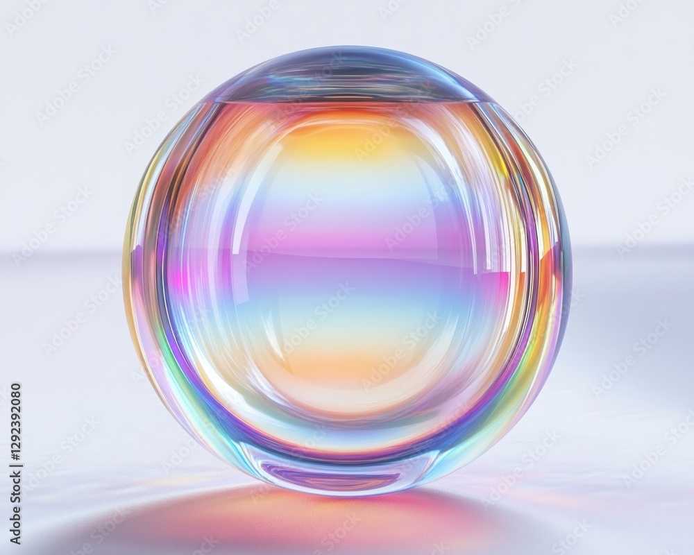 Poster iridescent glass circle floating in soft white background with rainbow spectrum reflection and intri