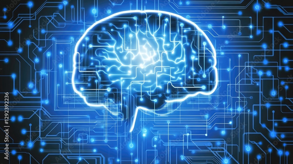 Poster holographic brain with artificial neural circuits transferring information to a futuristic cpu.