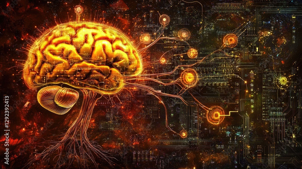 Poster holographic brain with artificial neural circuits transferring information to a futuristic cpu.