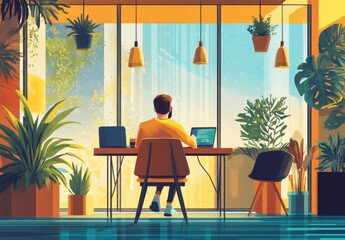 A freelancer working remotely on a laptop at a vibrant co-working space, Modern lifestyle scene, Productive style
