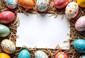 Elegant Easter eggs with soft pastel hues and delicate hand-painted designs, placed in a simple nest with a central blank space.