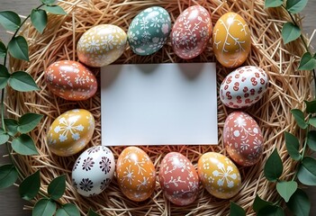 Hand-painted Easter eggs with delicate floral patterns arranged in a nest of straw, surrounding a blank card. Green leaves add a natural touch, perfect for seasonal designs and holiday greetings.