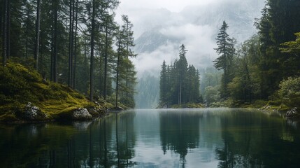 Misty mountain lake reflecting trees.
