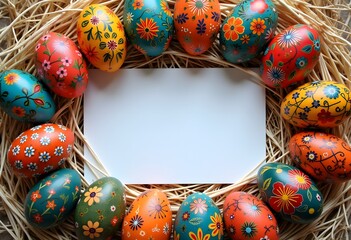 Decorated Easter eggs with intricate floral designs rest in a straw nest around a blank card. A perfect setup for festive messages, invitations, or greeting cards.