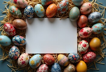 Hand-painted Easter eggs with delicate floral patterns arranged in a nest of straw, surrounding a blank card. Green leaves add a natural touch, perfect for seasonal designs and holiday greetings.