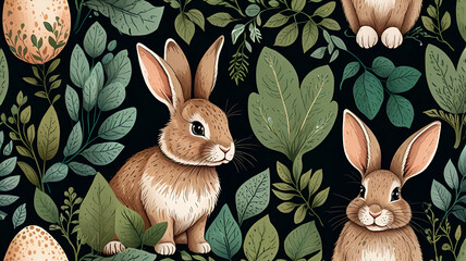 Cute bunny portrait with green leaves. Easter art print. Hand drawn bunny illustration