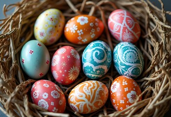 Decorated Easter eggs with intricate floral designs rest in a straw nest