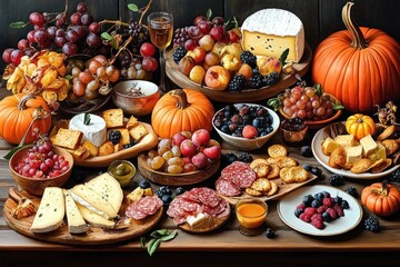 Autumn Charcuterie Board with Pumpkin and Apple Dips on Rustic Table Background