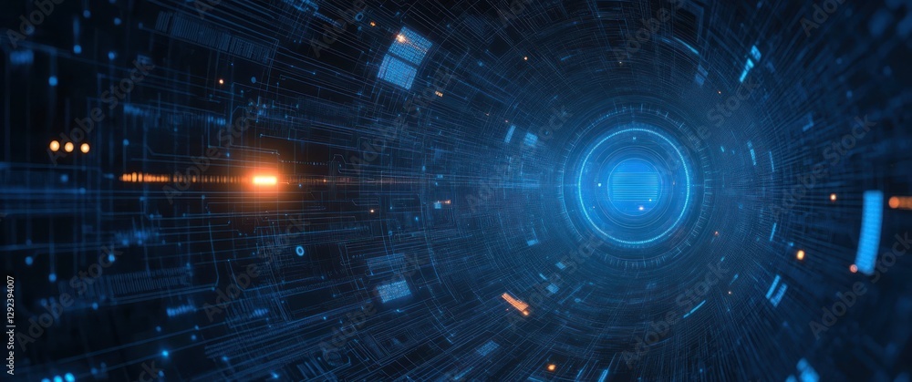 Poster futuristic technology background with abstract geometric shapes and glowing circuits in deep blue co