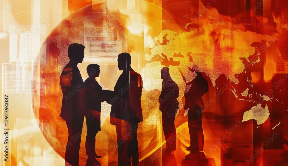Poster digital technology background with multiple images of business people, a globe, and charts for globa