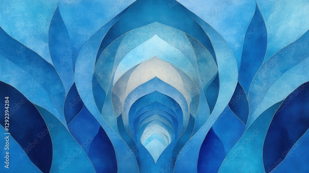 Poster abstract blue geometric design with layered shapes creating a sense of depth and tranquility in a mo
