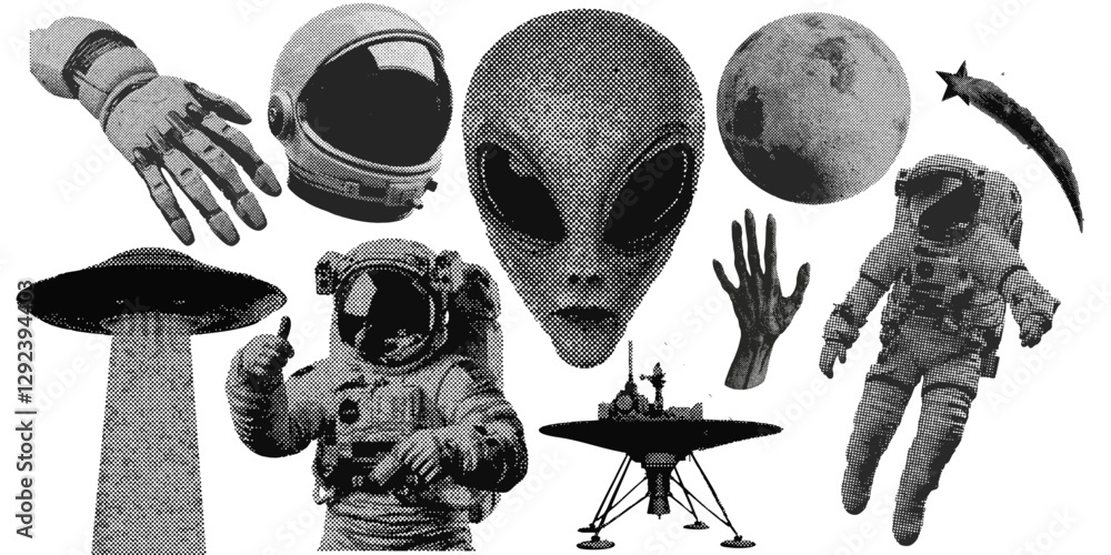 Poster set of outer space halftone grunge vector design elements