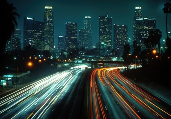 Obraz premium A long exposure night shot of cars speeding across a multi lane highway, their headlights and taillights creating streaks of light against the dark cityscape.