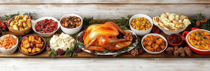 Thanksgiving Feast Overhead View of Turkey Dinner with Sides and Pumpkin Pie on Rustic Wooden Table