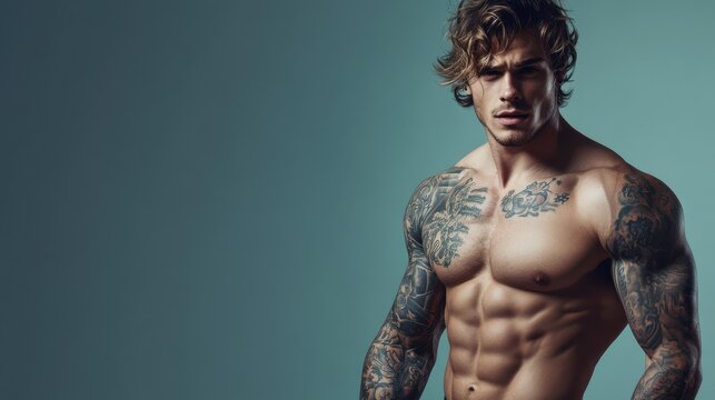 Handsome man with tattooed torso and muscular body posing in studio