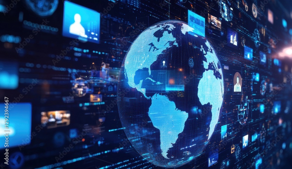 Poster digital globe with various business people and data visualizations on the screen, representing globa