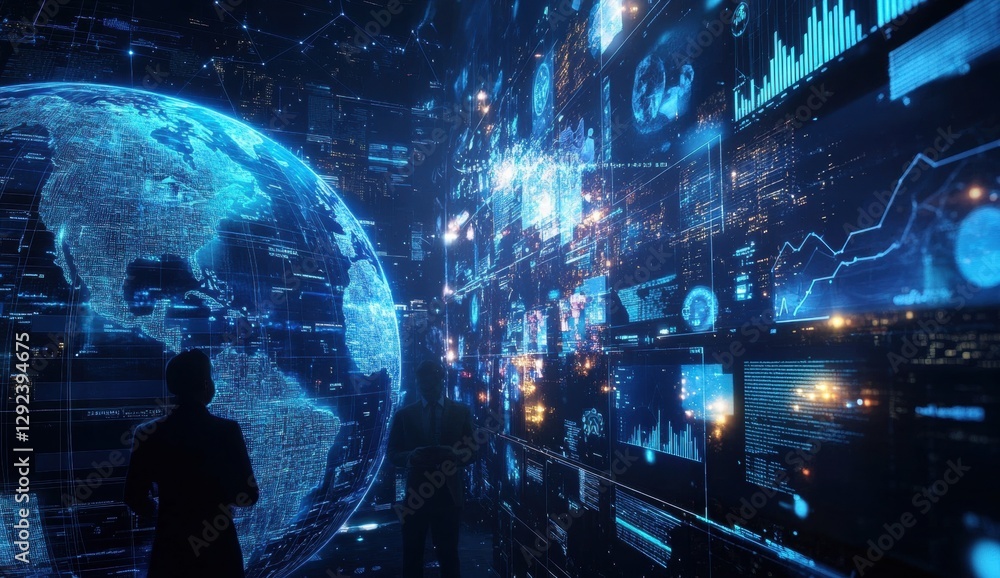 Aufkleber a digital collage of business people and a global map, with glowing blue lights on various screens d