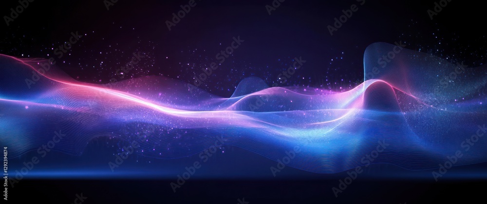 Poster dynamic abstract background with blue and purple waves and particles for technology and science illu