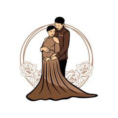 romantic couple posing standing man and woman holding pregnant belly awaiting birth vector illustration