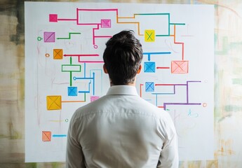 A man staring at a colorful flowchart drawn on a whiteboard, analyzing multiple pathways and options, symbolizing the strategic decisions faced in business and life