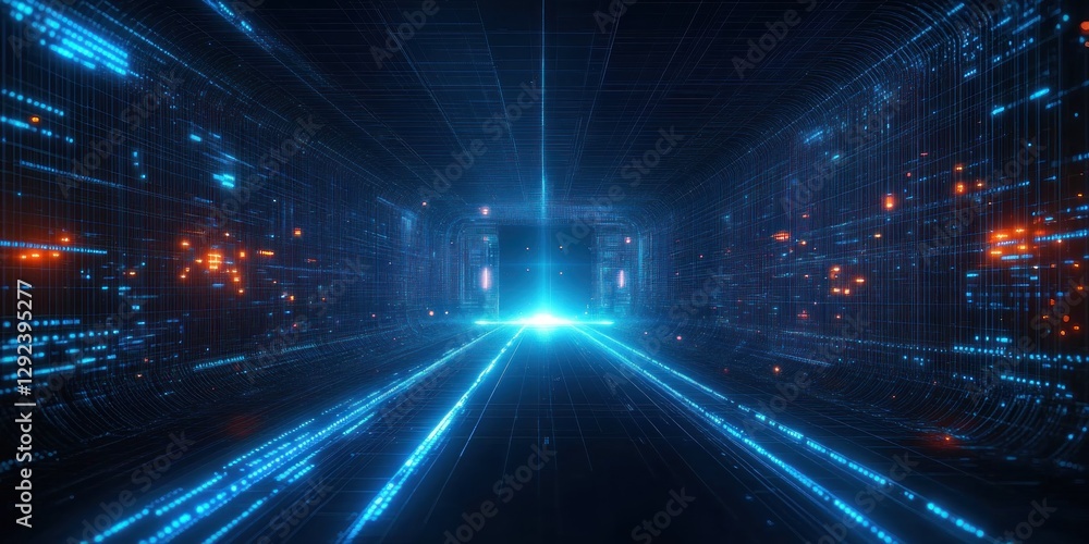 Poster futuristic digital cyberpunk circuit board design with blue neon lines and patterns in abstract spac