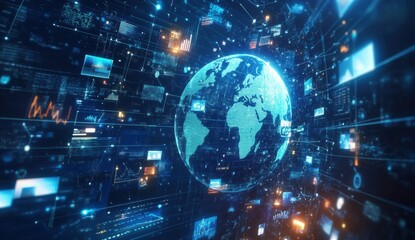 digital globe with digital and business images, people, graphs, charts, and data visualizations, against a dark blue background with several pictures depicting global network technology Generative AI