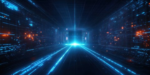 Futuristic Digital Cyberpunk Circuit Board Design with Blue Neon Lines and Patterns in Abstract Space