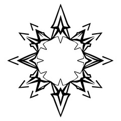 Geometric, eight-pointed, black and white starburst-like illustration with a symmetrical design.