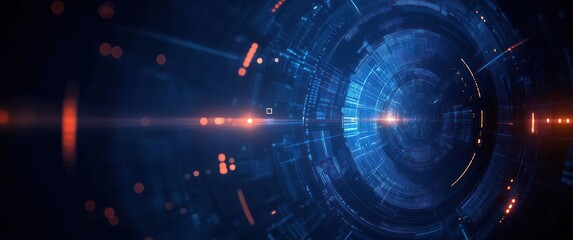 Obraz premium Futuristic Digital Landscape with Geometric Shapes and Lines in Deep Blue Color Palette with Neon Glows