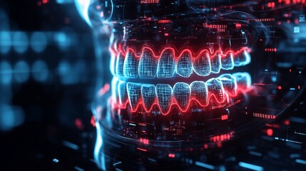 Futuristic digital 3D rendered human skull teeth with glowing neon lines and data overlay